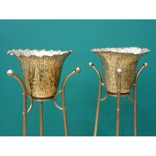 259 - A pair of brass flare rimmed Jardinières on stands with ball feet 3ft 3in H x 1ft D