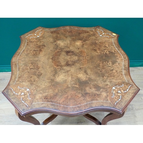 300 - A Victorian burr walnut and inlaid Centre Table with shaped top mounted on square cut cabriole suppo... 