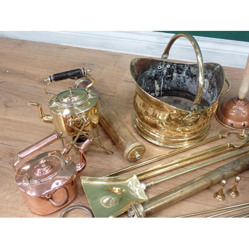 346 - Two boxes of brassware including Fire Irons, Coal Bucket, Candlesticks, etc.