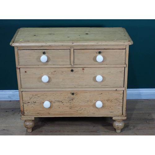 351 - A Victorian pine Chest of two short and two long drawers mounted on bun feet 3ft W x 2ft 8in H