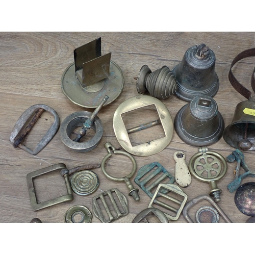 361 - A box of metal and brass including Bells, Servants Bells, Casters, etc.