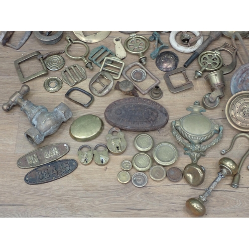 361 - A box of metal and brass including Bells, Servants Bells, Casters, etc.