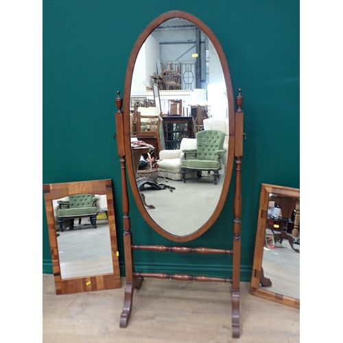 364 - A mahogany cheval Robing Mirror and two parquetry Wall Mirrors