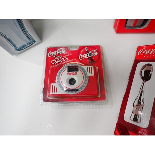 38 - Two boxes of Coca-Cola Advertising Glasses, Cups, Clock, two Cameras, box of Teddies and a set of 26... 