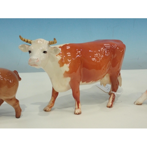 385 - A Beswick figure of Guernsey Cow with horns, a figure of Calf and a figure of Pig