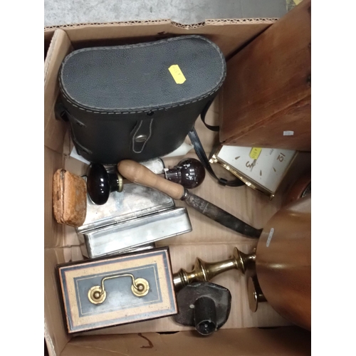 511 - Two boxes containing pair of brass Candlesticks, Wine Cooler, antique Chamber Stick, Binoculars, etc... 