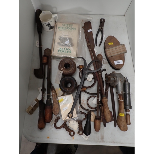 529 - A collection of agricultural and equestrian Tools including Bulls Nose Clip, Syringe, Callipers, She... 