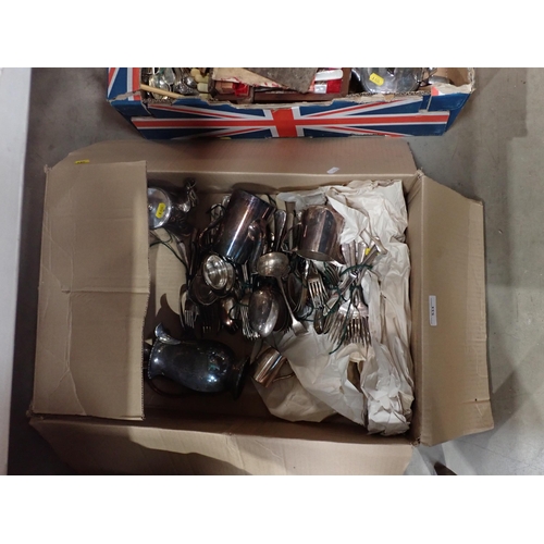 533 - Two boxes of silver plated ware including Tea Pots, Candlestick, Cutlery, etc.