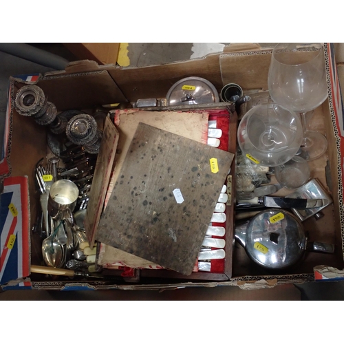 533 - Two boxes of silver plated ware including Tea Pots, Candlestick, Cutlery, etc.