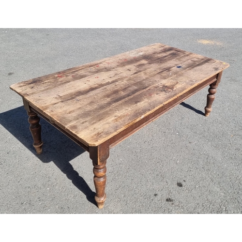 552 - A pine scrub top Farmhouse Table, fitted frieze drawer and on baluster turned supports, 6ft 9in L x ... 