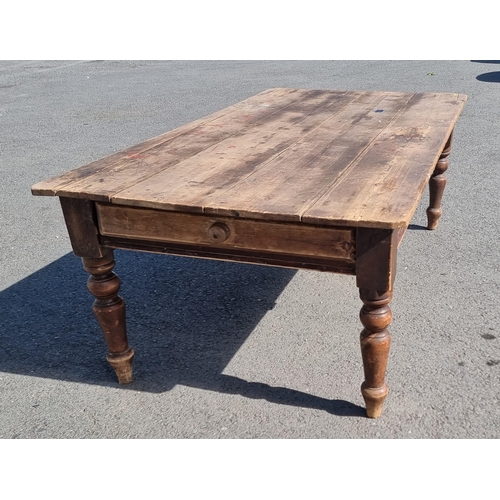 552 - A pine scrub top Farmhouse Table, fitted frieze drawer and on baluster turned supports, 6ft 9in L x ... 