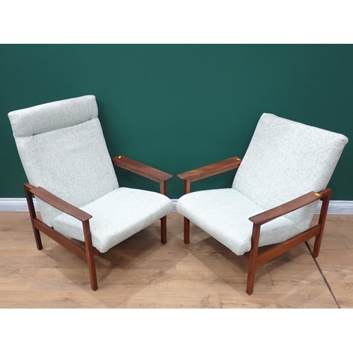 619 - A pair of teak grey upholstered Easy Chairs