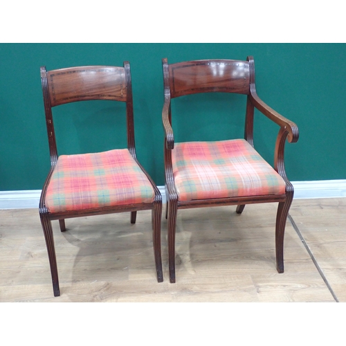 649 - A set of Regency mahogany Dining Chairs with crossbanded backs, drop-in seats, on reeded sabre suppo... 