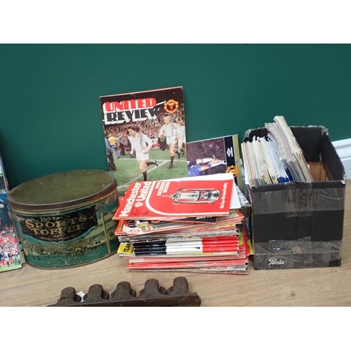 652 - A box of Football Programmes, Riding Hats, brass sprung Clips, etc.