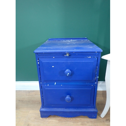 664 - A blue painted Bedside Chest, blue Coffee Table and a triptych Dressing Mirror