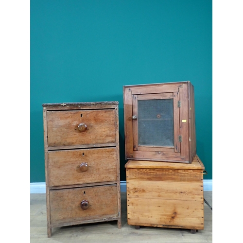 668 - An antique pine Food Cupboard, a Chest of three drawers and a small Blanket Box