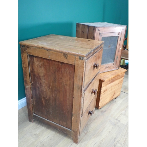 668 - An antique pine Food Cupboard, a Chest of three drawers and a small Blanket Box