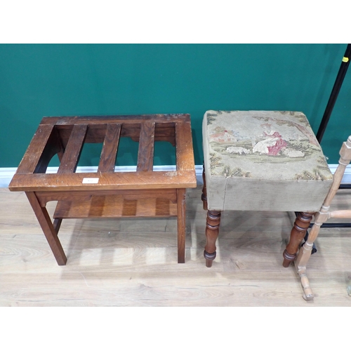 672 - A 19th Century upholstered and mahogany Stool, an oak Luggage Stand, a small Clothes Rail, a pine To... 