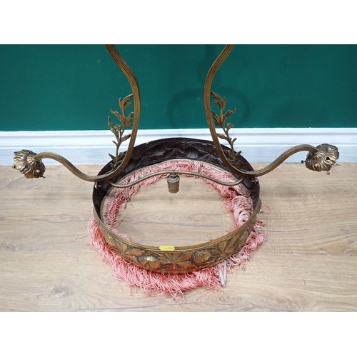 689 - A brass three branch  Electrolier with chestnut leaf and conker relief design 3ft 4in H x 2ft 3in W