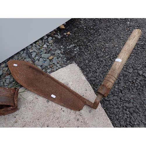 725 - An old hand push Seed Drill and a Hay Knife