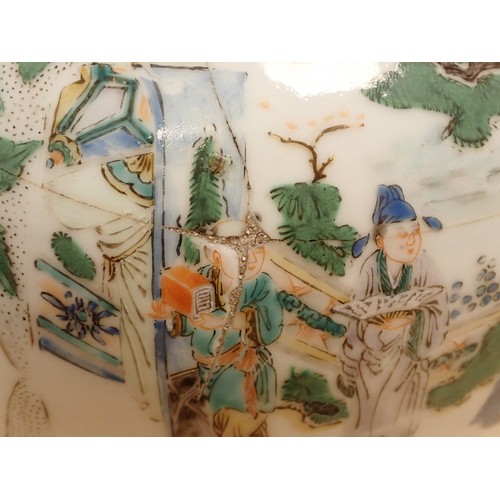 473 - An antique Chinese narrow necked Vase decorated with figures and flowers A/F 1ft 1in H