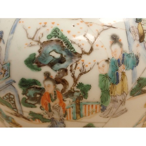 473 - An antique Chinese narrow necked Vase decorated with figures and flowers A/F 1ft 1in H