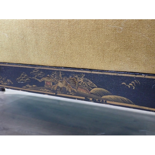 602 - A Georgian style chinoiserie lacquered Salon Suite with cane infilled panels and green cushioned uph... 