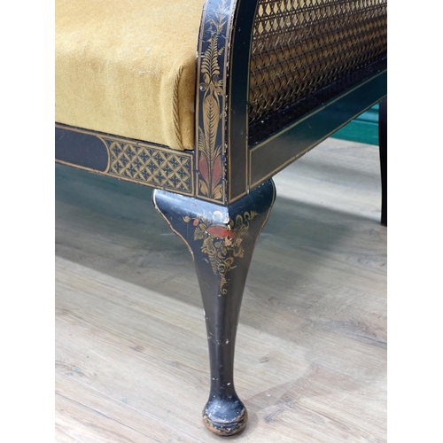 602 - A Georgian style chinoiserie lacquered Salon Suite with cane infilled panels and green cushioned uph... 