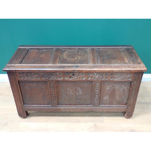 747 - A 17th Century oak arcaded panelled Coffer with panelled top and carved frieze, 3ft 10in W