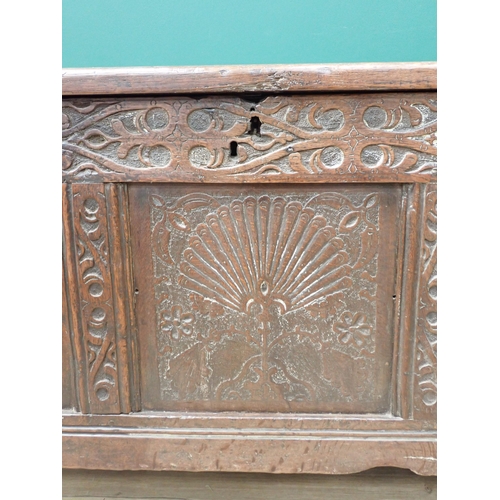 747 - A 17th Century oak arcaded panelled Coffer with panelled top and carved frieze, 3ft 10in W