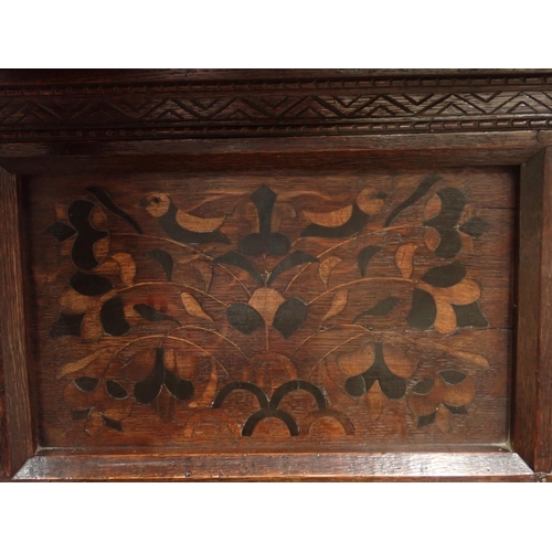 753 - A Charles I and later oak Court Cupboard, the upper section fitted pair of cupboard doors, the inlai... 