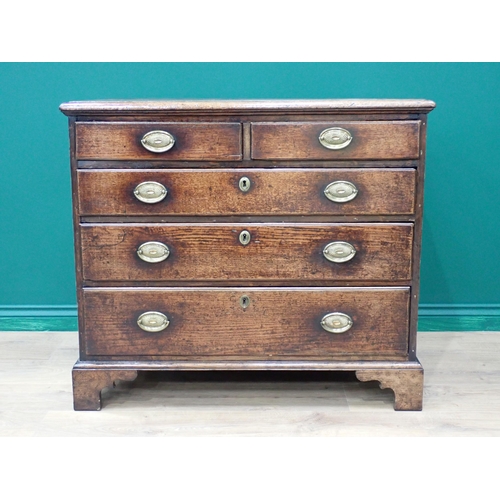 758 - An 18th Century oak Chest of drawers with moulded edging to top above two short and three long gradu... 