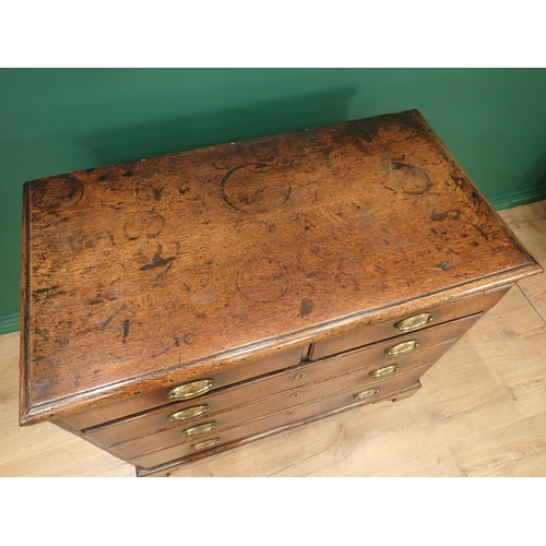 758 - An 18th Century oak Chest of drawers with moulded edging to top above two short and three long gradu... 