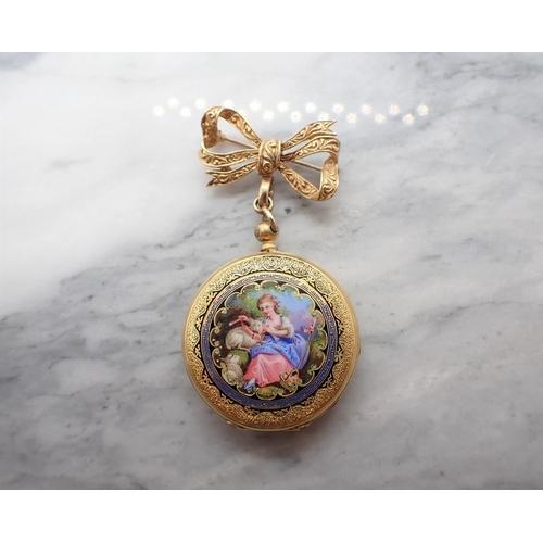 86 - A Continental 18ct Gold Locket with enamel pastoral scene of young girl with sheep with an engraved ... 