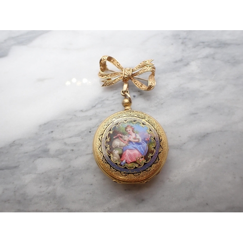 86 - A Continental 18ct Gold Locket with enamel pastoral scene of young girl with sheep with an engraved ... 