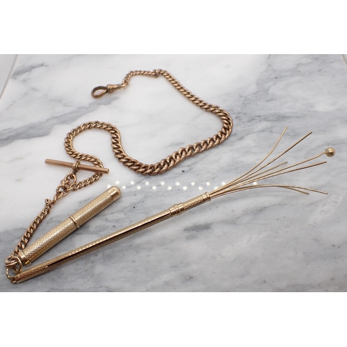 99 - 9ct Gold Graduated Watch Albert, A 9ct Gold Swizzle Stick and A 9ct Gold Retractable Pencil. Chain l... 