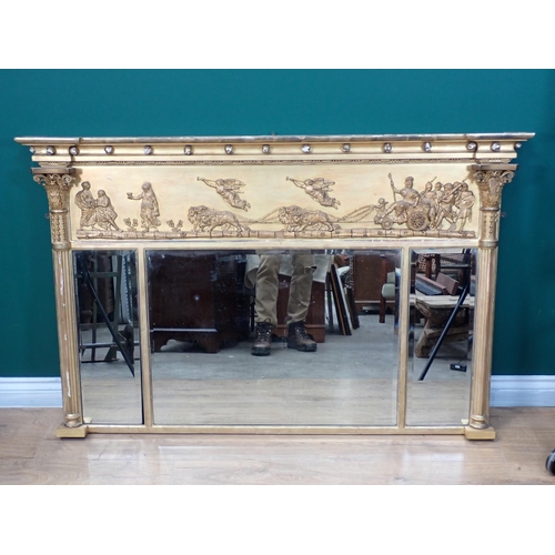 66 - A 19th Century gilt framed Overmantel with frieze of lion drawn chariot and figures above three beve... 