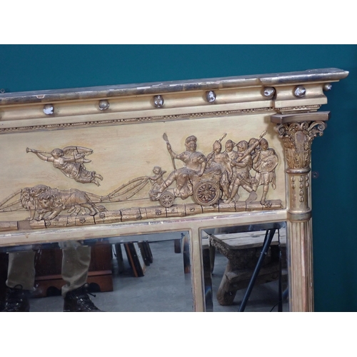 66 - A 19th Century gilt framed Overmantel with frieze of lion drawn chariot and figures above three beve... 