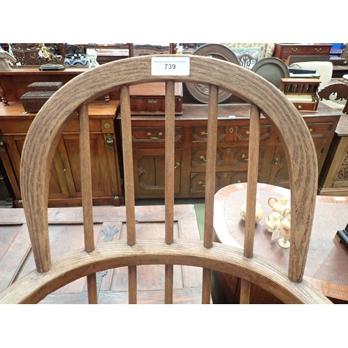 91 - A 19th Century ash and elm child's Windsor Elbow Chair with hoop back on turned supports and stretch... 