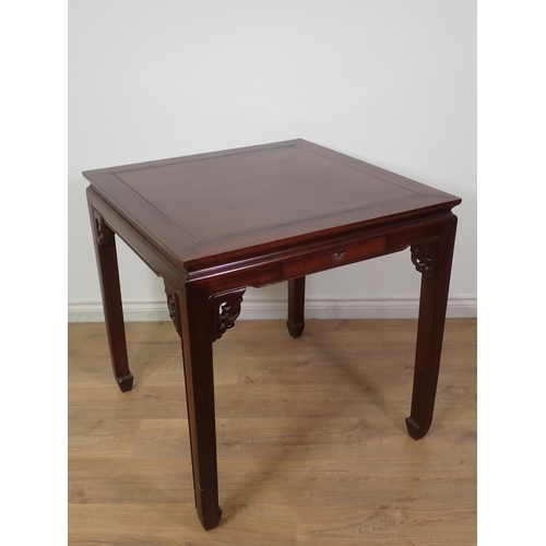 442 - A square Chinese occasional Table on shaped supports and rail, 2ft 8in square