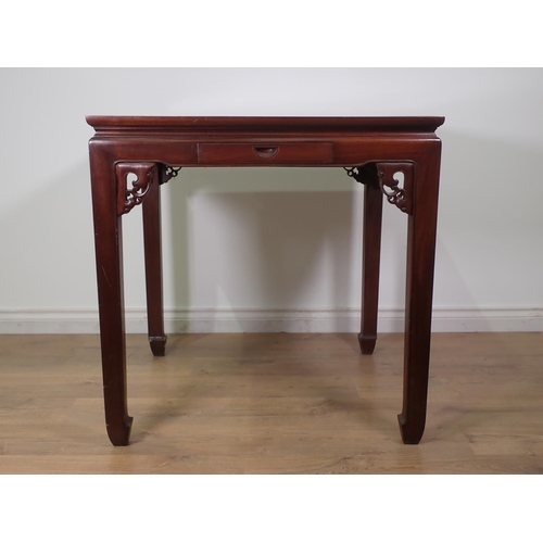 442 - A square Chinese occasional Table on shaped supports and rail, 2ft 8in square