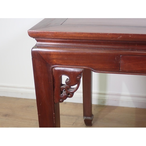 442 - A square Chinese occasional Table on shaped supports and rail, 2ft 8in square