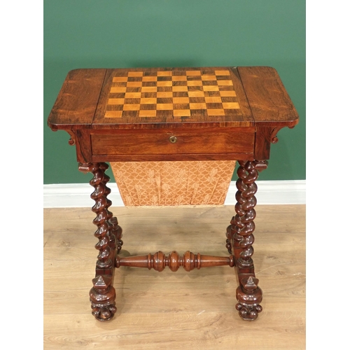 346 - A 19th Century rosewood Games/Work Table, the chequers sliding out to reveal a backgammon board with... 