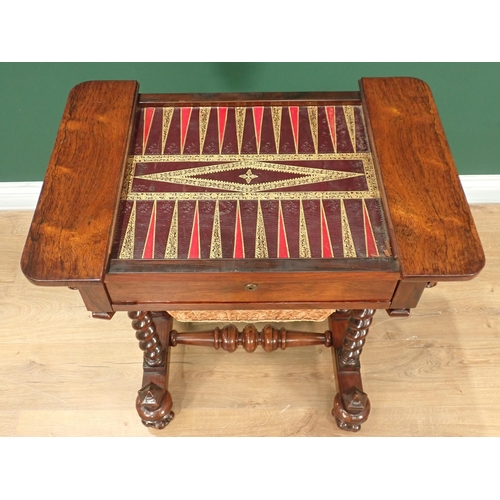 346 - A 19th Century rosewood Games/Work Table, the chequers sliding out to reveal a backgammon board with... 