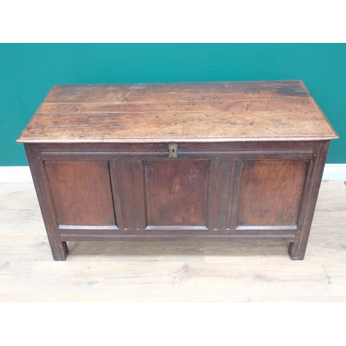 355 - An antique oak Coffer with plank lid above plain three panel front, 4ft 1in