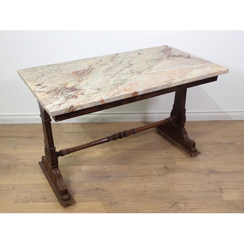 400 - A Regency Centre Table with veined marble top, the cheval frame support with carved decoration and c... 