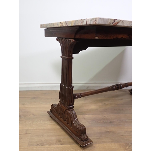 400 - A Regency Centre Table with veined marble top, the cheval frame support with carved decoration and c... 