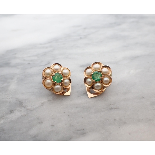 102 - A Pair of Emerald and Cultured Pearl Flower Cluster Ear Clips each claw-set round emerald within six... 