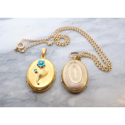 103 - A 19th Century Continental oval gold Locket the front applied forget-me-not set turquoise petals and... 