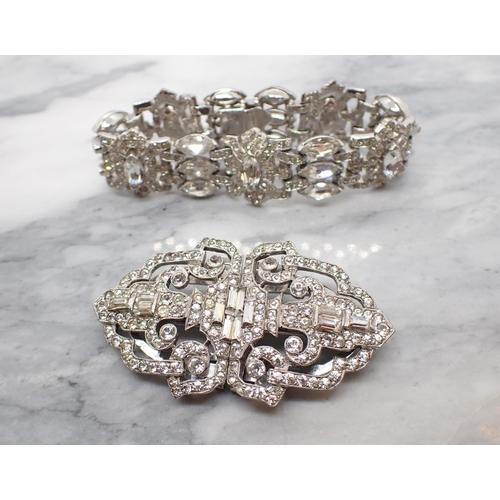 112 - An Art Deco Style Diamante Double Clip and a Diamante Bracelet.